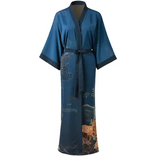 Ledamon Damen Kimono Langer Robe - Klassischer Floral Bademantel Nachthemd (Dunkelblau)