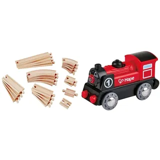 Hape E3707 Eisenbahnwelt Großes Schienenausbauset, 24 Teile, ab 3 Jahren & E3703 Eisenbahn Batteriebetriebene Lokomotive Nr. 1, Rot/Schwarz