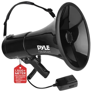 Pyle Signalhorn, Megaphon – Megaphone with Siren – Megafon mit Sirene und Mikrofon, sowie Aux verbindung 50W, Handsirene als Polizei Sirene, als Fussball Tröte oder Stadion Tröte zum Anfeuern, Faltbar