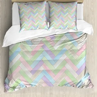 ABAKUHAUS Pastell Bettbezug Set, Weich farbig realistische Parkett Holzboden Muster Fischgräten Country Home Print, 155 x 220 cm + 80 x 80 cm, Mehrfarbig