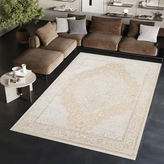 TAPISO Ares Teppich Kurzflor Glänzend Creme Weiß Blumen 200 x 300 cm | Bordüre Barock Klassisch 3D Effekt Wohnzimmer Schlafzimmer OEKO-TEX