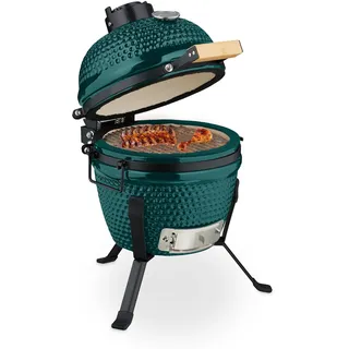 Relaxdays Kamado Grill, Ø 32 cm, Keramikgrill mit Thermometer bis 450°C, BBQ, Grillen, Kochen & Backen, Smoker, grün