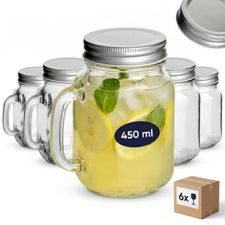 gouveo 6er Set Trinkgläser 450 ml mit Deckel silberfarben - Trinkglas mit Henkel und Drehverschluss - Henkelgläser mit Deckel - Cocktail-Glas für Garten und Balkon (TGH450S)