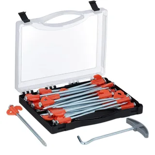 Relaxdays Felsbodenhering, 30er Set, für Harte Böden, 20,5 cm, mit Box & Heringzieher, Stahl, Zeltheringe, Silber/orange
