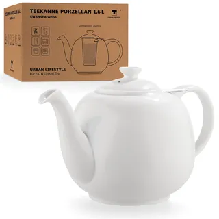 Teekanne Swansea mit Siebeinsatz max.1,6 L hochwertiges Porzellan von URBAN LIFESTYLE, Teekanne die tropffrei ist. Tea Pot with strainer (Weiß)
