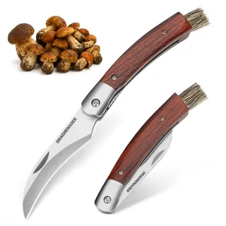 DRACHENADER Pilzmesser N-1, Mushroom Knife Schwammerlmesser mit Pinsel Klappbar Taschenmesser 42a konform Zweihandmesser legal Deutschland (Liner Lock), Holzgriff
