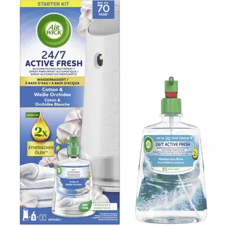 Air Wick Active Fresh Wasserbasiertes Automatisches Duftspray Starter Set inklusive Nachfüller 1x228ml Cotton & Weiße Orchidee & 1x 228ml Mediterrane Brise