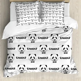 ABAKUHAUS Panda Bettbezug, Panda Fliege, Milbensicher Allergiker geeignet mit Kissenbezügen, 155 cm x 220 cm - 80 x 80 cm, Schwarz-Weiss - Schwarz