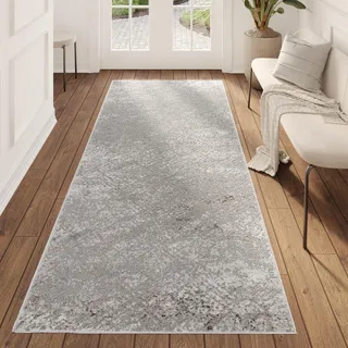TAPISO Valley Teppichläufer Vintage, Kurzflor Grau Abstrakt Used Effekt Meliert Verwischt, für Flur, Wohnzimmer, Schlafzimmer, Esszimmer – Eleganter TeppichLäufer – 120 x 200 cm