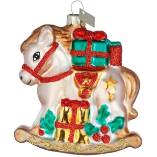 Holly & Jolly - Weihnachtskugel Schaukelpferd, ca. 7,5 cm | Christbaumkugel aus Glas, handbemalt, Weihnachtsbaumschmuck in Beige, Rot und Grün, beglittert, Weihnachtsdeko für Innen