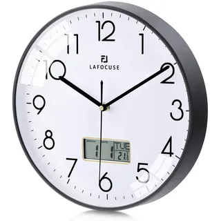 Lafocuse Lautlos Wanduhr mit Kalender Digital LCD, Modern Wanduhr mit Datum Wochentag und Thermometer, Schwarz Analog Quarzuhr für Wohnzimmer Schlafzimmer Büro Küche 30cm