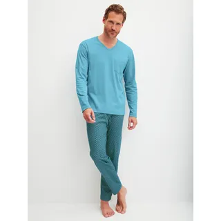 Schlafanzug CALIDA "Relax Streamline 1", Damen, Gr. M (50), retro blau, Interlock, Obermaterial: 100% Baumwolle, bequem lang, V-Ausschnitt, Homewear-Sets Schlafanzug, mit praktischem V-Ausschnitt