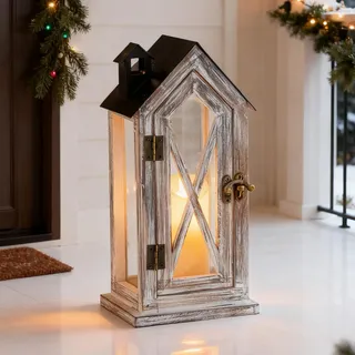 NUPTIO Laterne Holz Weihnachten Deko: 26cm Laternen für Draußen Vintage Kerzenlaterne Innen Haus Windlicht Rustikale Holzlaterne Metall Outdoor Wetterfest Balkon Haustür Hochzeit