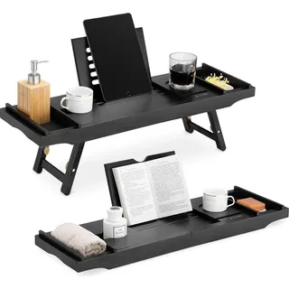 Bambus Badewannenablage, Frühstückstablett, ausziehbar, Bücherregal, Weinglashalter - Tablett für Badewanne und Bett - Holz in Schwarz