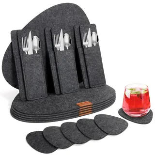 Cinnani Tischset Filz 18er Set, 6 Platzsets Filz, 6 Filzuntersetzer, 6 Bestecksäcken, Rutschfest Platzdeckchen Abwaschbar Tischsets, Esstisch Unterlage, Oval Tischuntersetzer, Platzset in Anthrazit