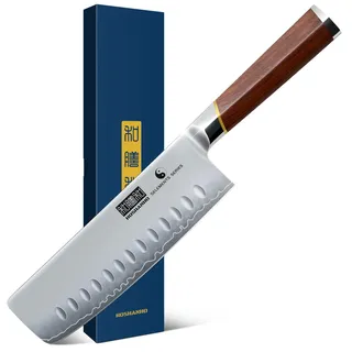 HOSHANHO Nakiri-Messer, 7 Zoll, handgeschmiedetes scharf Kochmesser aus Superstahl, Mehrzweck-Küchenmesser für Fleisch und Gemüse mit rotem Sandelholzgriff und Geschenkbox