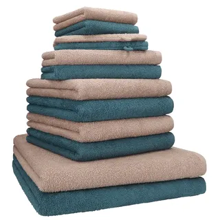 Betz Berlin Handtuch-Set 12-teilig – 100% Baumwolle – Oeko-TEX® Zertifiziert – 360g / m2 Grammatur – Duschtücher, Handtücher, Gästetücher & Waschhandschuhe Farbe Cappuccino - taubenblau