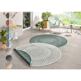 HANSE HOME Northrugs Porto In- und Outdoor Teppich Rund – Runder Wendeteppich Wasserfest Mandala Design Flachgewebe Teppich Wetterfest für Balkon, Terrasse, Garten, Wohnzimmer in Grün Creme, ⌀100cm