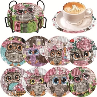 WOWDECOR Diamond Painting Untersetzer mit Halter 8 Stück, DIY Süße Eule Tischuntersetzer Glasuntersetzer 5D Diamant Painting Coaster für Gläser Tassen Auto Mosaik (Cute owl)