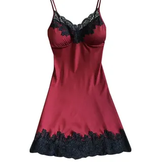 Negligee Sexy Nachtwäsche Satin Nachthemd Damen Kurzes Nachtkleid V-Ausschnitt Babydoll Spitze Dessous Sexy Lingerie Spaghetti Träger Kleid Kurz Basic Unterkleid mit Gepolsterten