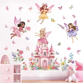 wondever Wandtattoo Fee Blumen Schloss Wandsticker Blüten Rosa Elfen | Abziehen und Aufkleben, Abziehbar, Wandaufkleber Selbstklebend für Kinderzimmer Mädchen Babyzimmer Mädchenzimmer Wanddeko