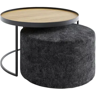 Novel Couchtischset , Grau, Eichefarben , Holz, Textil , 2-teilig , Eiche , massiv , rund , C-Form , 50x39x50 cm , Holzmöbel, Holztische, Wohnzimmertische Holz, Couchtische Holz