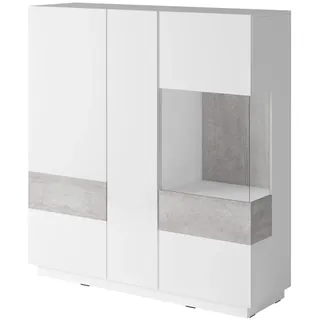 Moderne Kommode SILKE mit 3 Flügeltüren und 6 Einlegeböden, 130x139x40cm, in Weiss/Weiss Hochglanz/Beton Colorado, für Ess- und Wohnzimmer von Furniture24 - Weiß