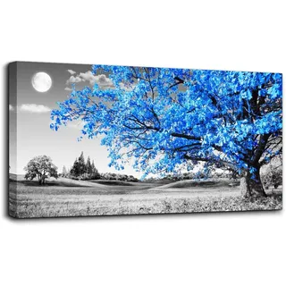 hyidecorart Leinwandbilder Groß 59x119 cm XXL Wohnzimmer, Modern Blaue Baum des Lebens Wandbilder mit Rahmen Schlafzimmer, Natur Schwarz und Weiß Kunstdruck Wanddeko Flur küche Büro Villa Badezimmer