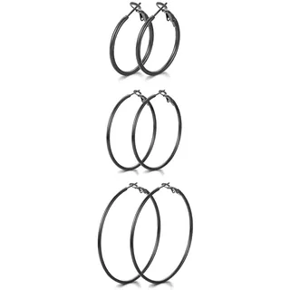 GW Ohrringe Creolen Edelstahl 14K Gold Vergoldetem Silber Ohrringe Damen 3 Paar 30mm 50mm 60mm Damenschmuck Damen Hoops Ohrringe Set Geschenke für Frauen (Schwarz)