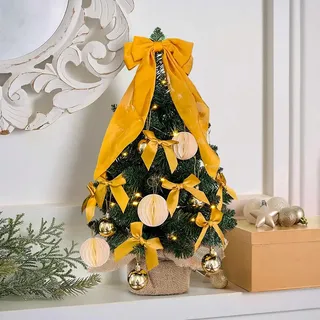 Weihnachtsbaum Klein mit Beleuchtung, Mini Weihnachtsbaum 60cm, Mini Christbaum mit Schleifen, Christbaumkugeln und Beleuchtung, Tannenbaum Künstlich Klein (golden)