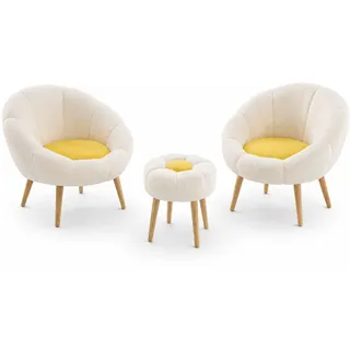 Elegantes Ohrensessel- und Pouf-Set (3-teilig), Weiß & Gelb, 100% Wellssoft-Stoff, 18 mm Melaminplatte | Perfekt für Moderne Wohnzimmer und gemütliche Räume