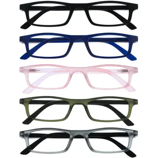 OPULIZE Ted Lesebrille 5er Pack Schmal Matt Leichtes Gestell Schwarz Marineblau Transparent Baby Rosa Khaki Grau Federscharniere Kratzfest Herren Damen RRRRR17-13467 +2.00