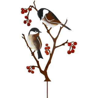 JYUECIAN Vogel Gartenstecker 60 cm Hoch Bemalte Vogel Gartendeko für Draußen, Metall Meisen und Beeren Outdoor Gartenfiguren