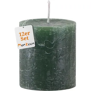 Marzoon Rustik Stumpenkerzen 12er Set Grün Ø 4 x 4,5 cm - durchgefärbte mini Kerzen im Antik-Look - lange Brenndauer & rußarm - Alternative zu Teelichtern - Deko Kerzen aus Europa