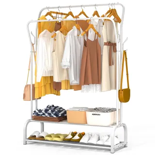 VOUNOT® Kleiderständer, Kleiderstange Doppelt, Garderobenständer Metall mit 2-lagigem Schuhregal und 4 seitlichen Haken, Stabil, Schwerlast, für Schlafzimmer Flur Ankleidezimmer, 108x35x145cm, Weiß