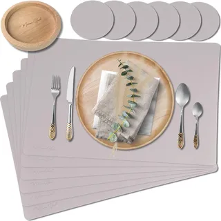 Mahewa® 6er Set Premium Tischset aus Kunstleder - Platzset abwaschbar und wasserdicht - Platzdeckchen Telleruntersetzer in Lederoptik (Taupe, Eckig mit Halter)