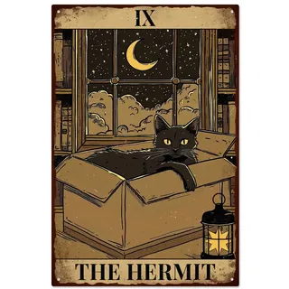 WADORN Metallblechschild Mit Tarot Katze, 20x30cm Lustiges Retro Blechschild Im Vintage 'The Hermit Tarot Cat Box' Wandkunst Poster Plakette Für Zuhause Club Dekor Geschenk Für Katzenliebhaber