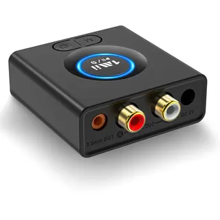 1Mii Bluetooth 5.1 Empfänger, Drahtloser Audio Adapter für Musik-Streaming-Sound System, Bluetooth Receiver mit 3.5mm Cinch Ausgängen für Lautsprecher Stereoanlage, Bass-Modus, 12 Stunden Spielzeit