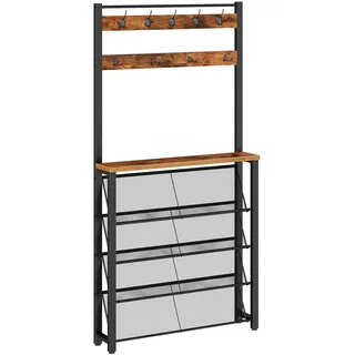 HOOBRO 20 cm schmaler Garderobenständer, Garderobe, Kleiderständer | Eingangsmöbel mit Schuhablage, Haken, multifunktionale Garderobe, für Flur, Eingang, hinter der Tür, Vintagebraun und Schwarz