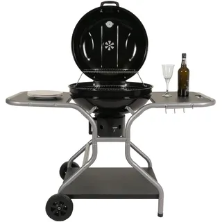 Mendler Grillwagen HWC-N16 Stahl Emaille 143x131x66cm schwarz | Holzkohlegrill, Kugelgrill, Gartengrill, mit Deckel, drei Ablagen