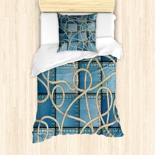 ABAKUHAUS Nautisch Mantele, Denim Patchwork Seil, Milbensicher Allergiker geeignet mit Kissenbezügen, 135 cm x 200 cm - 80 x 80 cm, Blau - Blau
