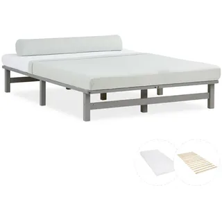 Homestyle4u Holzbett mit Matratze 140/200 cm grau , Holz , Kiefer , 140x200 cm , Schlafzimmer, Betten