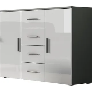 Furniture24 Kommode Uni - SOHO Sideboard mit 4 Schubladen, 2 Türen Grau/Weiß Hochglanz - Weiß