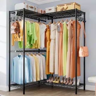 KZOBYD Schwerlast Kleiderständer, Metall Kleiderstange, Garderobe mit Hängefächer, Kleiderschrank offen Kleiderbügel mit Höhenverstellbaren Einlegeböden, 145 x 40 x 193 cm