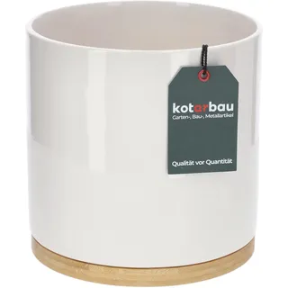 KOTARBAU® Blumentopf ⌀ 19 cm mit Bambusschale Zylinder Pflanztopf aus Keramik dekorativer Übertopf Weiß Pflanzkübel Blumenkübel für Zimmerpflanzen Pflanze Töpfe