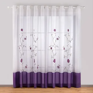 SIMPVALE 2 Stücks Sheer Vorhang Voile Blumen Stickerei Vorhänge mit Ösen Transparent Gardine Wohnzimmer Schlafzimmer Lila 140×245 cm (B×H)