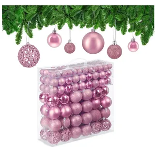 Relaxdays Weihnachtskugeln im 150er Set, glitzernde, matte & glänzende Christbaumkugeln, Kunststoff, ∅ 3, 4 & 6 cm, rosa