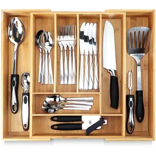 Pristine Bamboo Besteckablage für Schubladen, Küchenschublade, Besteck-Organizer in Schublade, Besteckhalter, erweiterbare, verstellbare Holz-Trennwände (8 Fächer)