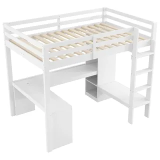 Hochbett 140x200 cm - Holz - Mit Regal - Nachttisch - LED-Beleuchtung & USB-Ladeanschluss - Für Kinder & Jugendliche - Armeegrün