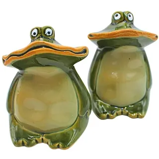 2er Set Deko-Frösche, Breitmaulfrösche, Gartenfigur Frosch, Frösche für Garten, Terrasse oder Teich, Froschfiguren aus Keramik, sitzend, lasiert in dunkelgrün, Größe: L/B/H ca. 7 x 7 x 10 cm.
